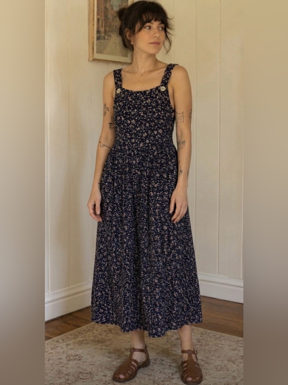 Vintage 90s Rabbit Designs Prairie Floral Maxi Sundress Indie Boho Milkmaid